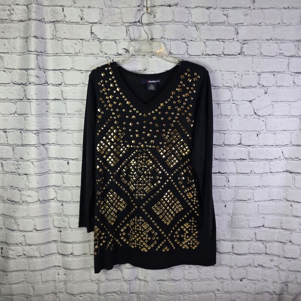 Denim 24/7 Black Studded Top Large Gold Stud Embellished TunicDenim